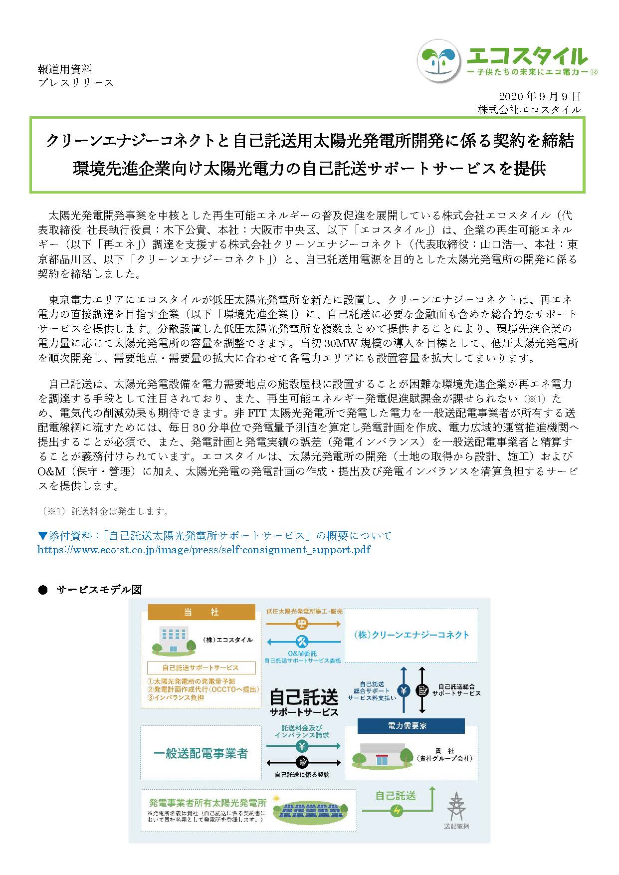 クリーンエナジーコネクトと自己託送用太陽光発電所開発に係る契約を締結
環境先進企業向け太陽光電力の自己託送サポートサービスを提供